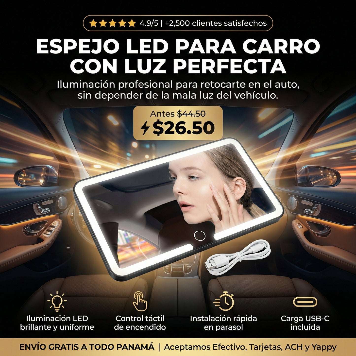 Espejo Led de Maquillaje para Carro